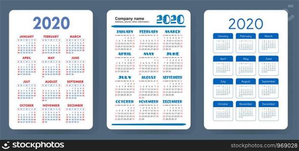 Calendar 2020. Colorful vector set. Pocket calender collection. Week starts on Sunday. Basic grid template for print