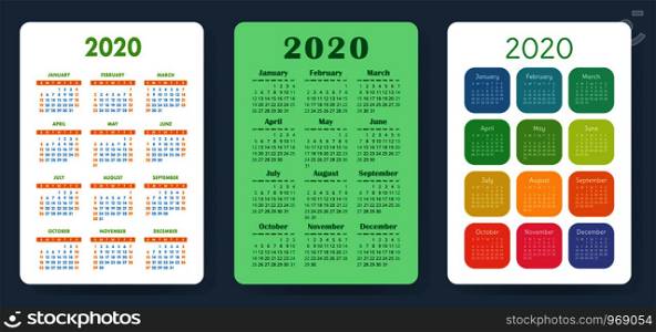 Calendar 2020. Colorful vector set. Pocket calender collection. Week starts on Sunday. Basic grid template for print