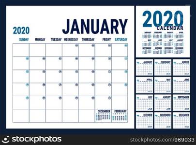 Calendar 2020. English calender template. Vector square grid. Office business planning. Creative design. Blue color