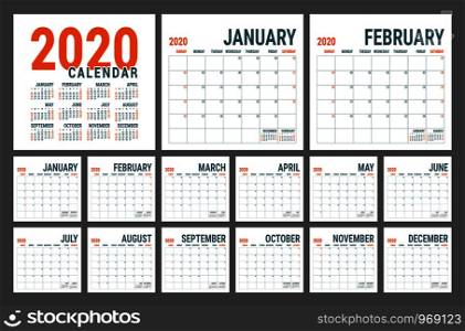 Calendar 2020. English calender template. Vector square grid. Office business planning. Creative design