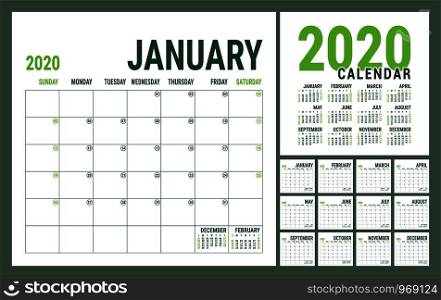 Calendar 2020. English calender template. Vector square grid. Office business planning. Creative design. Olive green color