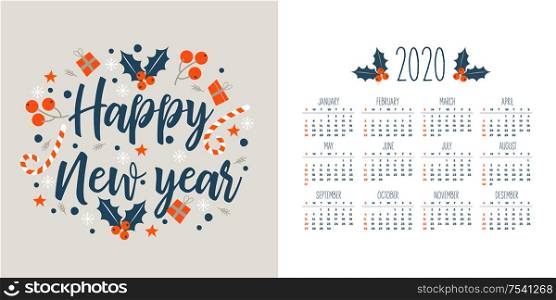 Calendar 2020. Happy new year. Cute Christmas wreath on a light background. Winter berries, gifts, Holly, Christmas tree decor. Vector illustration.. Calendar 2020. Happy new year. Cute Christmas wreath. Vector illustration.
