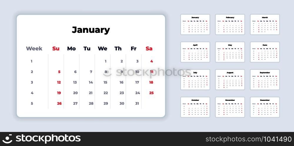 Calendar 2020. New year white template, corporate planner mockup, calendar application UI. Vector weeks and month calendar to print with business and holiday days. Calendar 2020. New year white template, corporate planner mockup, calendar application UI. Vector weeks and month calendar