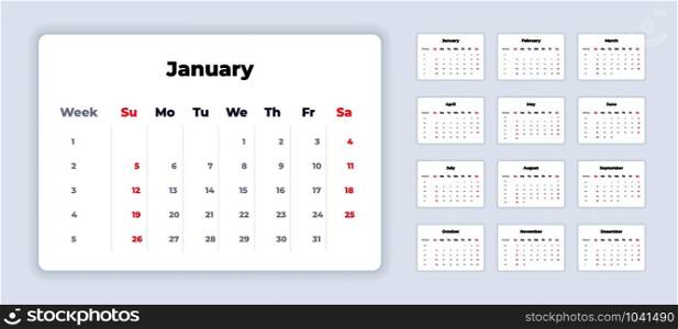 Calendar 2020. New year white template, corporate planner mockup, calendar application UI. Vector weeks and month calendar to print with business and holiday days. Calendar 2020. New year white template, corporate planner mockup, calendar application UI. Vector weeks and month calendar