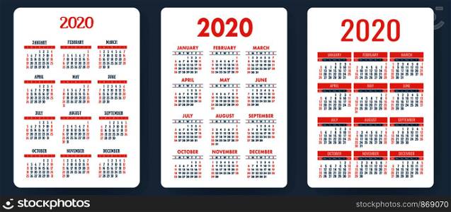 Calendar 2020. Red and blue vector set. Pocket calender collection. Week starts on Sunday. Basic grid template for print