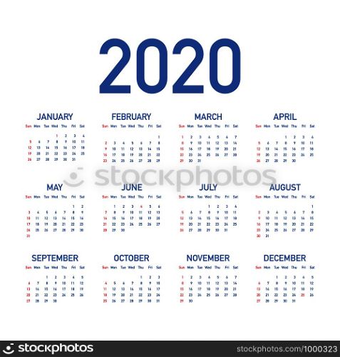 Calendar 2020 vector basic grid. Simple design template. Vector stock illustration.. Calendar 2020 vector basic grid. Simple design template. Vector illustration.