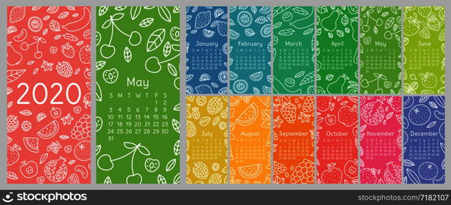 Calendar 2020. Vector English calender template. Fruits, berries. Lemon, kiwi, banana, pear, cherry, strawberry, raspberry, watermelon, grapes, apple, pomegranate and mandarin. Hand drawn design. Doodle sketch. Sunday