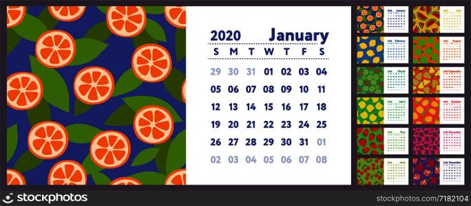 Calendar 2020. Vector English horisontal wall calender. Lemon, kiwi, pear, garnet, orange, pineapple, cherry, strawberry, watermelon, grapes, apple, pomegranate and mandarin. Fruits, berries sketch