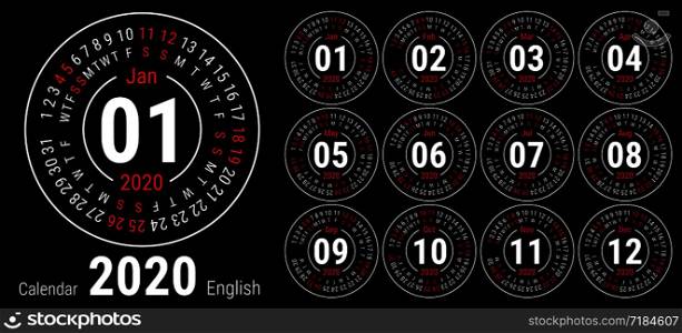 Calendar 2020. Vector English round calender. January, February, March, April, May, June, July, August, September, October, November, December. Sunday. Design template. Circle. Black color