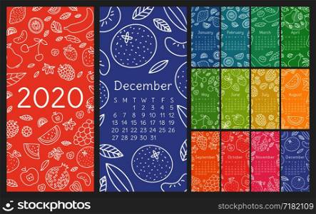 Calendar 2020. Vector English wall calender template. Fruits, berries. Lemon, kiwi, banana, pear, cherry, strawberry, raspberry, watermelon, grapes, apple, pomegranate and mandarin. Hand drawn design. Doodle sketch. Sunday