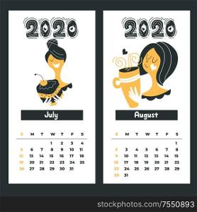Calendar 2020. Vector illustration. Cute girl with a mug of hot drink. Happy new year.. Calendar 2020. Vector illustration. Cute girl with a mug of hot drink.