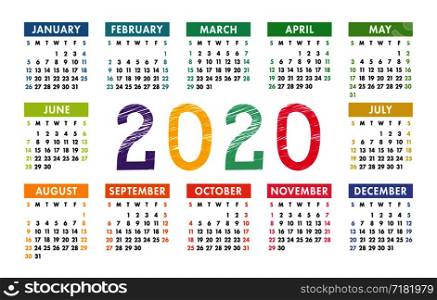 Calendar 2020 vector pocket basic grid. Colorful design template. Calendar 2020 vector pocket basic grid. Simple design template