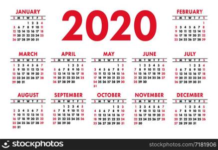 Calendar 2020 vector pocket basic grid. Simple design template