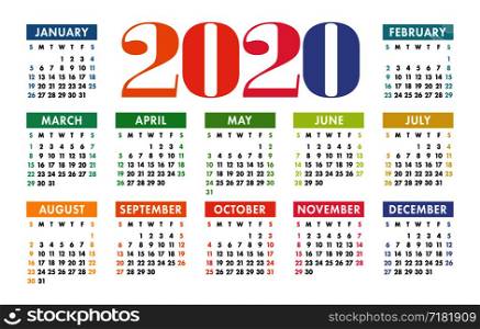 Calendar 2020 vector pocket basic grid. Simple design template