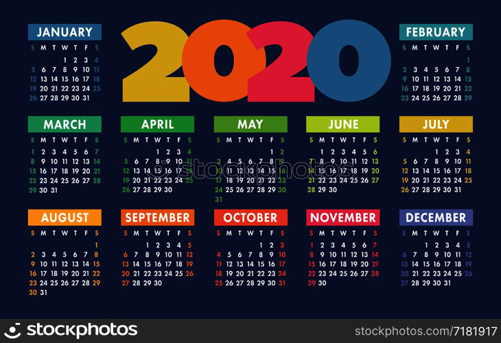 Calendar 2020 vector pocket basic grid. Simple design template