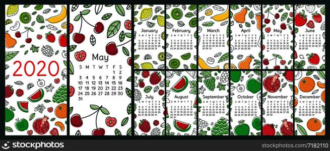 Calendar 2020. Vector wall English calender template. Fruits, berries. Lemon, kiwi, banana, pear, cherry, strawberry, raspberry, watermelon, grapes, apple, pomegranate and mandarin. Hand drawn design. New year. Doodle sketch. Sunday