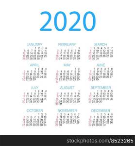 calendar 2020, Week starts from Sunday, business template. calendar 2020, Week starts from Sunday, business template.