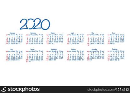 Calendar 2020 year. Black and white vector template. Week starts on Sunday. Basic grid. Pocket square calendar. Ready design