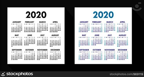 Calendar 2020 year set. Square vector design template. English pocket calender. Week starts on Sunday