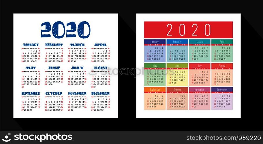 Calendar 2020 year set. Vector design template. English square pocket calender. Week starts on Sunday