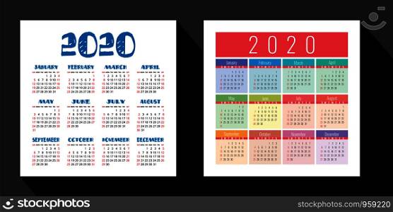 Calendar 2020 year set. Vector design template. English square pocket calender. Week starts on Sunday