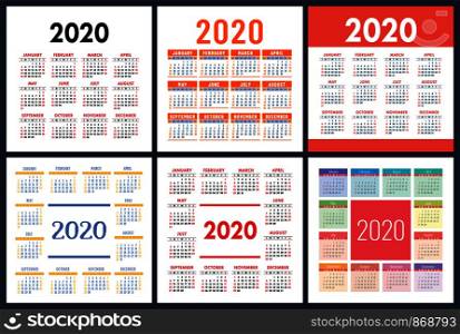 Calendar 2020 year set. Vector square calender design template. Colorful English collection. Week starts on Sunday