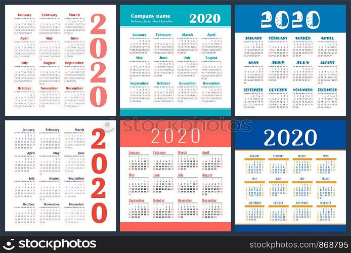 Calendar 2020 year set. Vector square calender design template. English collection. Week starts on Sunday