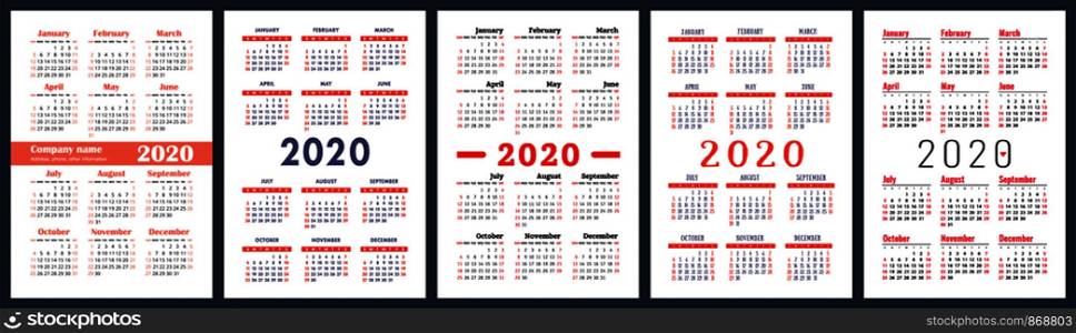Calendar 2020 year set. Vector vertical calender design template. Colorful English collection. Week starts on Sunday