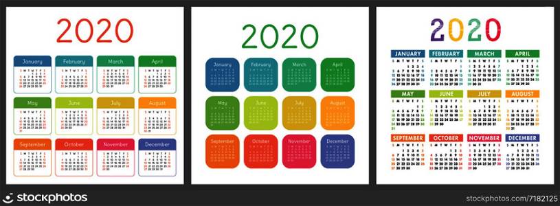 Calendar 2020 year. Vector calender design template. Colorful set. Week starts on Sunday