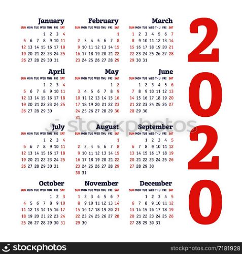 Calendar 2020 year. Vector design template. Color English square pocket calender. Week starts on Sunday