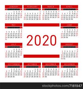 Calendar 2020 year. Vector design template. Color English square pocket calender. Week starts on Sunday