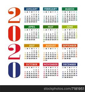 Calendar 2020 year. Vector design template. Colorful English square pocket calender. Week starts on Sunday