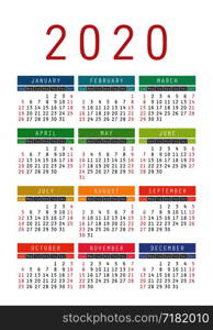 Calendar 2020 year. Vector design template. Colorful English vertical pocket calender. Week starts on Sunday