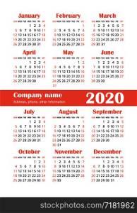 Calendar 2020 year. Vector design template. English vertical pocket calender. Week starts on Sunday