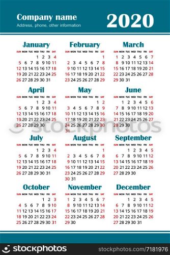 Calendar 2020 year. Vector design template. English vertical pocket calender. Week starts on Sunday