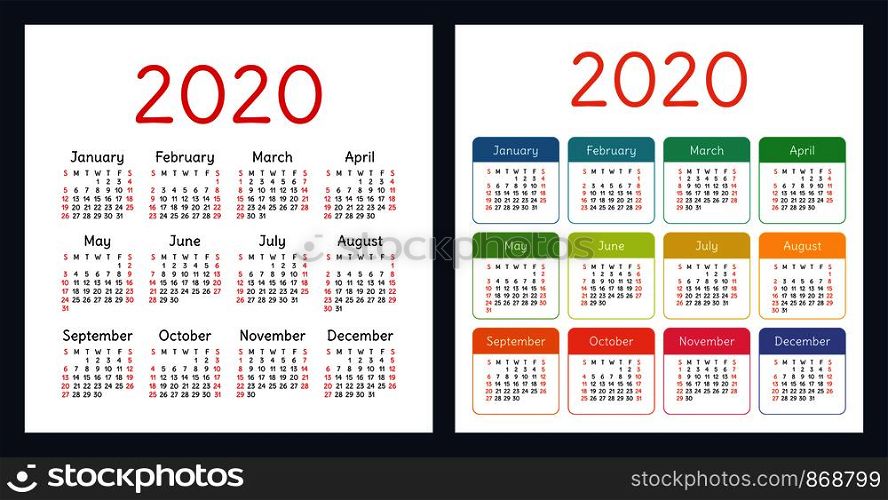 Calendar 2020 year. Vector design template set. Colorful pocket calender. Week starts on Sunday