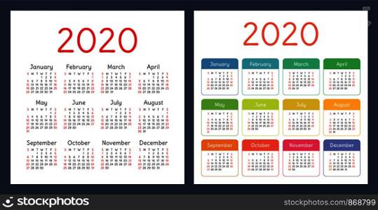 Calendar 2020 year. Vector design template set. Colorful pocket calender. Week starts on Sunday