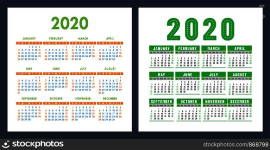 Calendar 2020 year. Vector design template set. Pocket calender. Week starts on Sunday