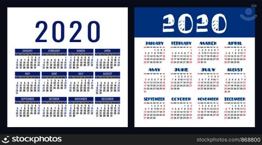 Calendar 2020 year. Vector design template set. Pocket calender. Week starts on Sunday