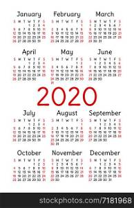 Calendar 2020 year. Vector design template. Week starts on Sunday