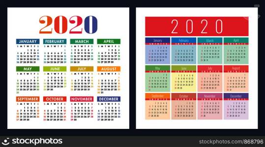Calendar 2020 year. Vector kid's design template set. Colorful pocket calender. Week starts on Sunday