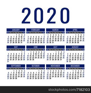 Calendar 2020 year. Vector pocket or wall calender template. Simple design. Week starts on Sunday