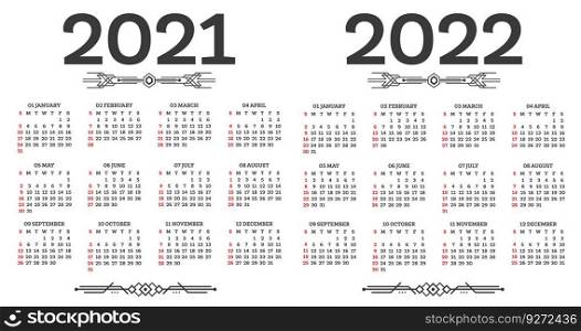 Calendar 2021 2022 Isolated on White Background. Week starts from Sunday. Vector Illustration.