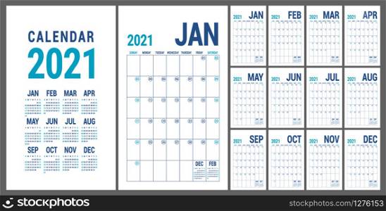 Calendar 2021. English calender template. Vector grid. Office business planning. Creative design. Blue color