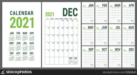 Calendar 2021. English calender template. Vector grid. Office business planning. Creative design. Olive green color