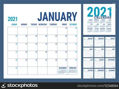 Calendar 2021. English calender template. Vector square grid. Office business planning. Creative design. Blue color
