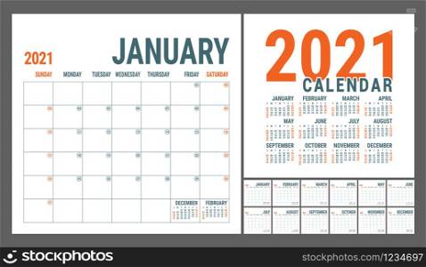 Calendar 2021. English calender template. Vector square grid. Office business planning. Creative design. Red color