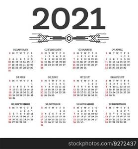 Calendar 2021 Isolated on White Background. Week starts from Sunday. Vector Illustration.