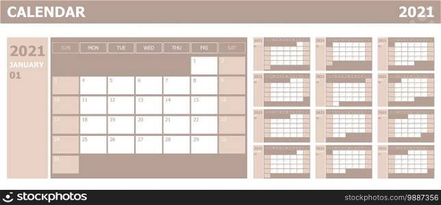 Calendar 2021 week start Sunday corporate design planner template, stock vector