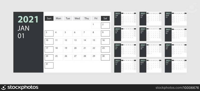 Calendar 2021 week start Sunday corporate design planner template with green theme, stock vector